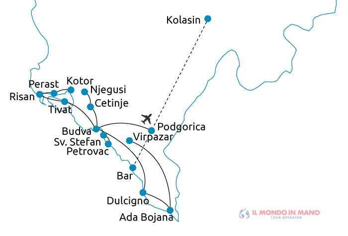 Mappa itinerario tour del Montenegro